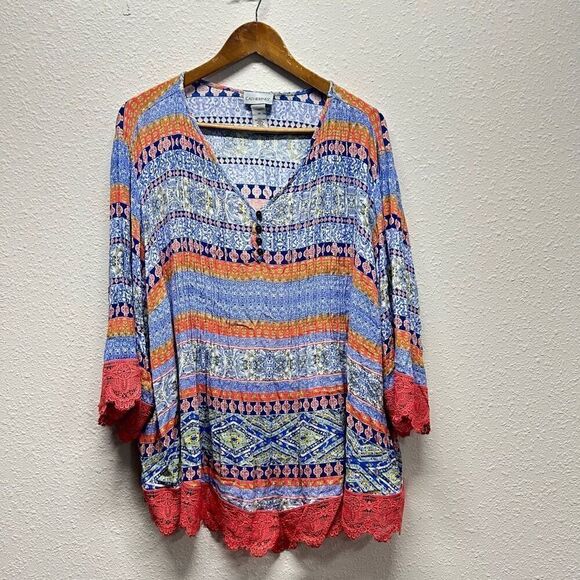Catherines Multicolor 3/4 Sleeve Rayon Lace Trim Gauze Blouse Women’s 3X - Picture 1 of 13